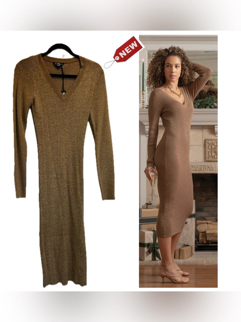 Velvet Heart Camel Brown gold Metallic thread Ribbed Knit V-Neck Midi Maxi Dress